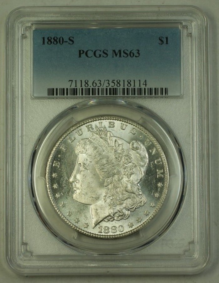 1880 San Francisco Morgan Dollar Silver Coin PCGS MS-63 Certified: 1880 San Francisco Morgan Dollar Silver Coin PCGS MS-63 Certified This 1880-S Morgan Silver Dollar is a United States $1 coin minted in San Francisco. Certified by PCGS with a grade of MS 63, the coin