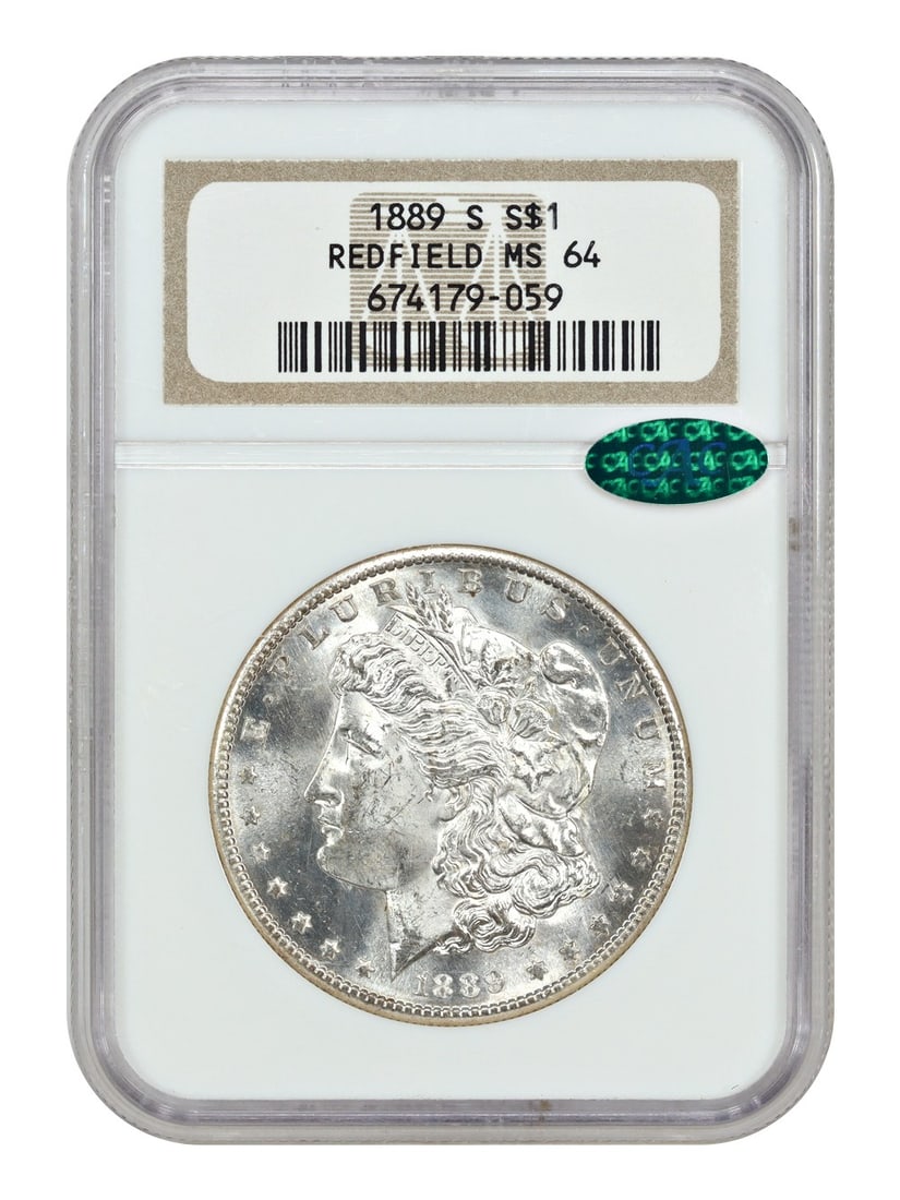 NGC CAC MS64 1889 San Francisco Morgan Silver Dollar Redfield Pedigree: NGC CAC MS64 1889 San Francisco Morgan Silver Dollar Redfield Pedigree This 1889-S Morgan Dollar is graded MS64 by NGC and features CAC approval. Struck at the San Francisco Mint, this uncirculated co
