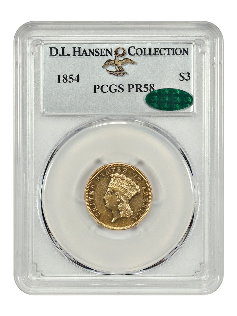 1854 $3 Gold Coin PCGS CAC PR58 D.L. Hansen Rare Proof: 1854 $3 Gold Coin PCGS CAC PR58 D.L. Hansen Rare Proof This rare 1854 $3 gold coin is a certified proof (PR58) coin by PCGS, with certification number 40964096. Struck in Philadelphia, this three doll