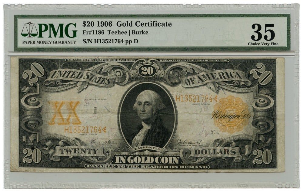 1906 $20 Gold Certificate PMG Choice VF35 Large Size: 1906 $20 Gold Certificate PMG Choice VF35 Large Size This 1906 $20 Gold Certificate is certified by PMG with a grade of Choice VF35, indicating its excellent condition despite being circulated. As a l