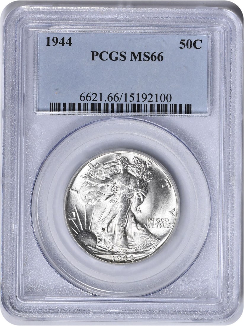 1944 Walking Liberty Silver Half Dollar MS66 PCGS Uncirculated Coin: 1944 Walking Liberty Silver Half Dollar MS66 PCGS Uncirculated Coin This 1944 Walking Liberty Silver Half Dollar is graded MS66 by PCGS, indicating an uncirculated condition with exceptional quality.