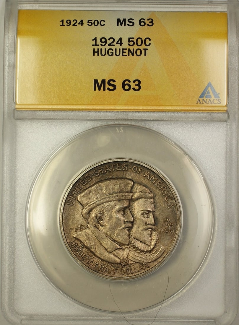 ANACS MS-63 1924 Huguenot 50C Silver Commemorative Half Dollar Coin: ANACS MS-63 1924 Huguenot 50C Silver Commemorative Half Dollar Coin This is a 1924 Huguenot Commemorative Silver Half Dollar 50-cent coin, graded MS-63 by ANACS. Struck in Philadelphia, this uncircula
