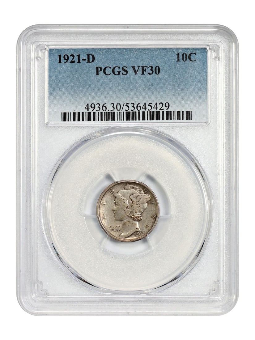 PCGS VF30 1921 Denver Mercury Dime 10C Scarce Key Date Coin: PCGS VF30 1921 Denver Mercury Dime 10C Scarce Key Date Coin This is a 1921-D Mercury Dime graded VF30 by PCGS. This circulated coin features the Denver mint mark and is recognized as a scarce date wit
