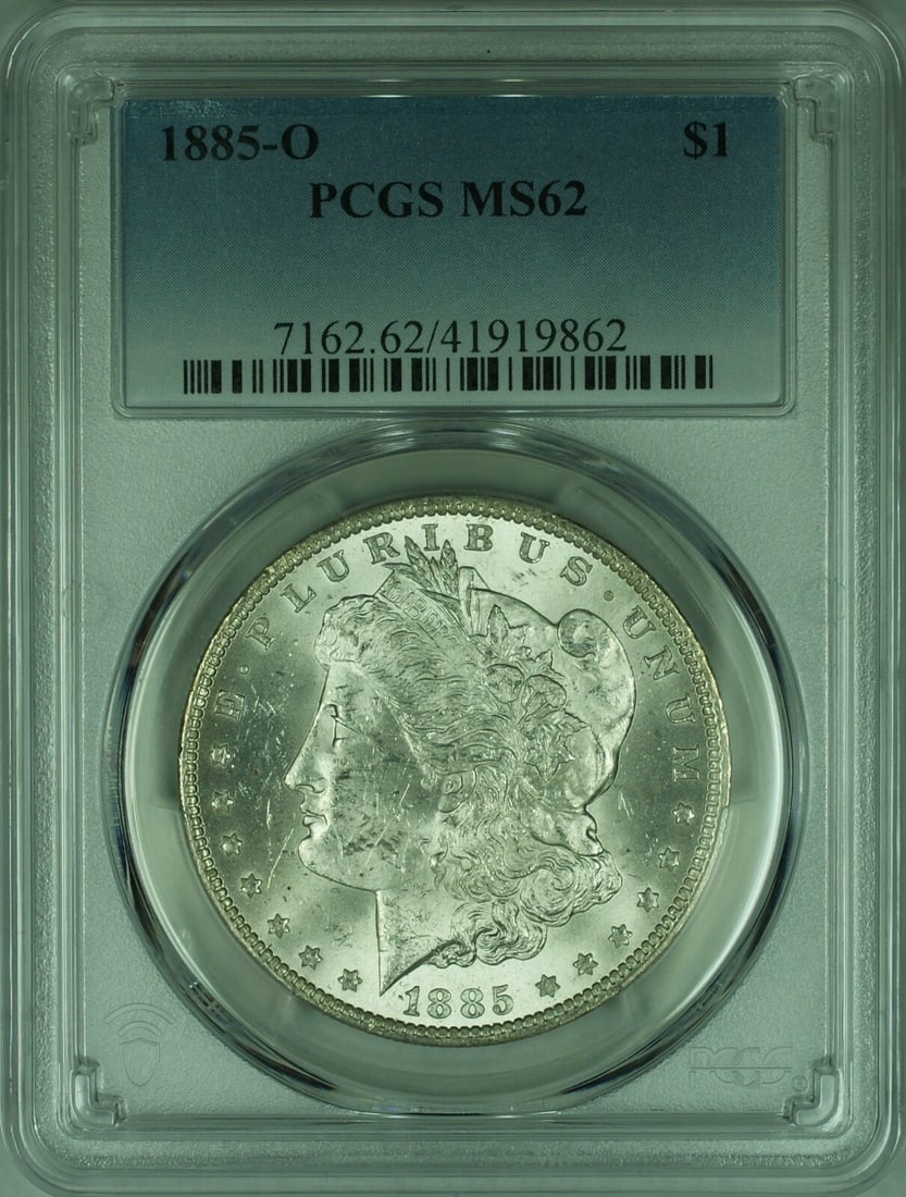 PCGS MS62 1885-O Morgan Dollar New Orleans Uncirculated Silver Coin: PCGS MS62 1885-O Morgan Dollar New Orleans Uncirculated Silver Coin This is an 1885-O Morgan Silver Dollar with a denomination of $1, certified by PCGS with a grade of MS 62. Minted in New Orleans, th