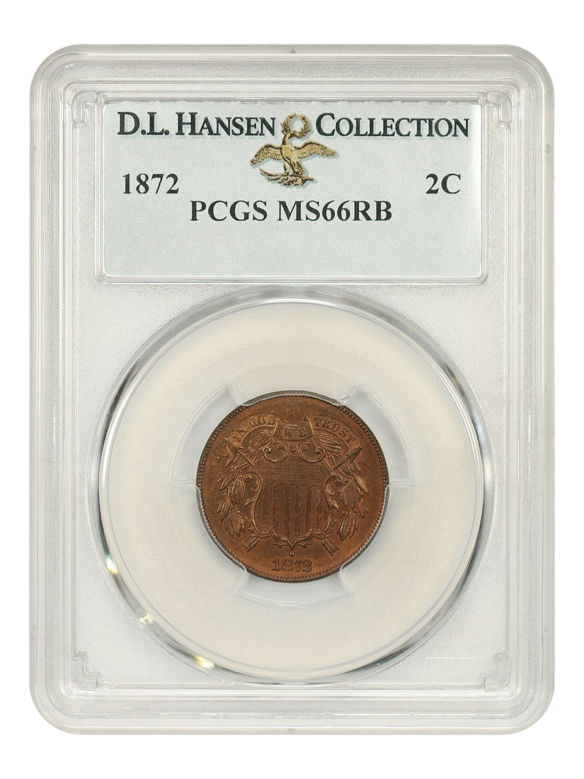 PCGS MS66RB 1872 Two Cent Coin Key Date Ex D L Hansen: PCGS MS66RB 1872 Two Cent Coin Key Date Ex D L Hansen This 1872 Two Cent coin is a key date in the series and is certified by PCGS with a grade of MS66RB. The coin features a striking RB (Red Brown) d