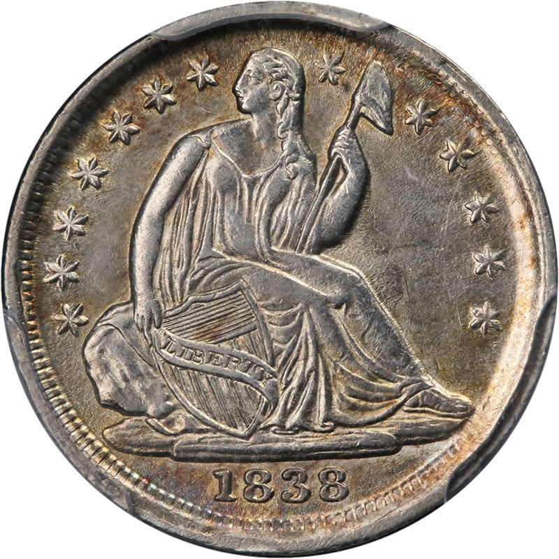 1838 Seated Liberty Half Dime Large Stars PCGS AU58 Silver Coin: 1838 Seated Liberty Half Dime Large Stars PCGS AU58 Silver Coin This 1838 Seated Liberty Half Dime features large stars and exhibits exceptional eye appeal with beautiful luster and a strong strike. T