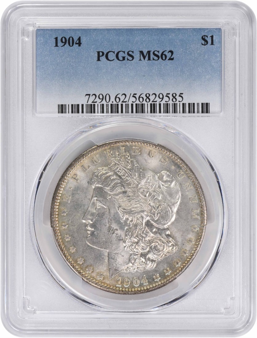 1904 Morgan Silver Dollar MS62 Uncirculated PCGS Certified: 1904 Morgan Silver Dollar MS62 Uncirculated PCGS Certified This 1904 Morgan Silver Dollar is a stunning example of American coinage, featuring a grade of MS62 as certified by PCGS. Struck in Philadelp