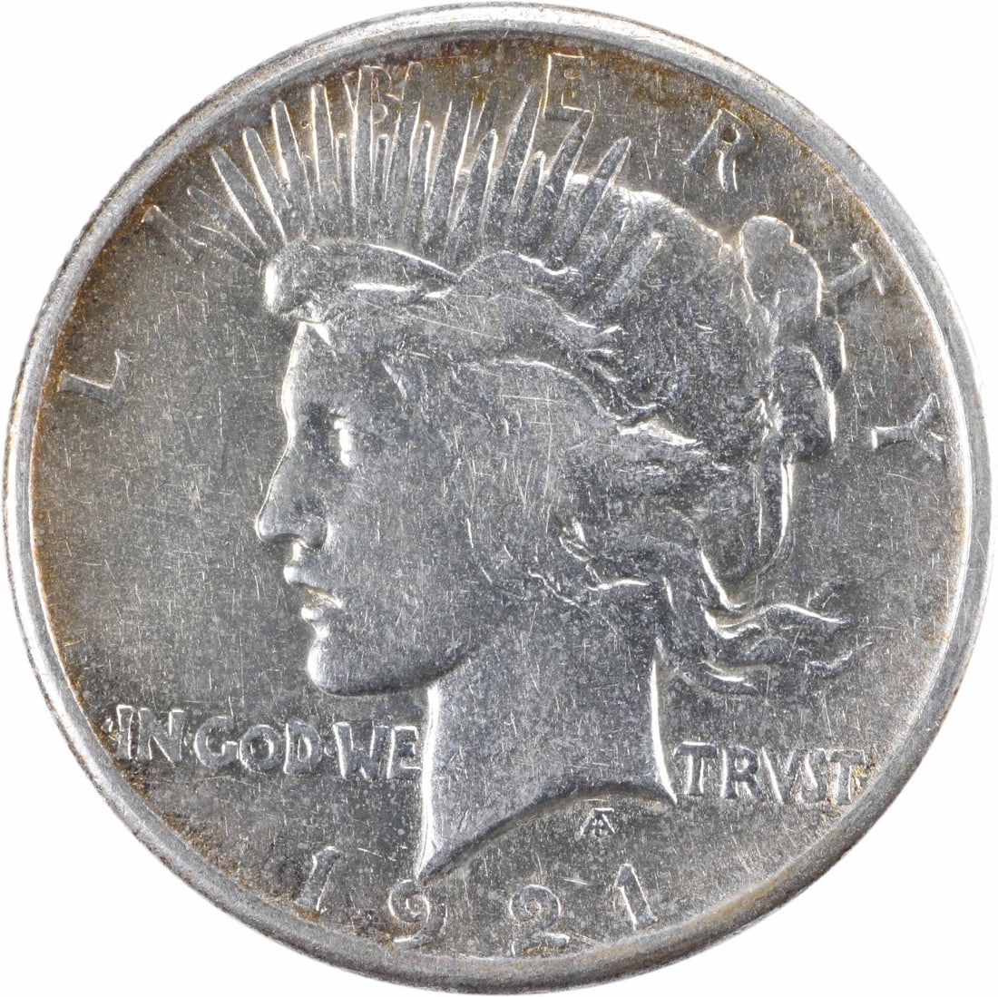 1921 Peace Silver Dollar VF Uncertified 90% Silver 38.10mm: 1921 Peace Silver Dollar VF Uncertified 90% Silver 38.10mm This 1921 Peace Silver Dollar is a remarkable piece of American numismatic history. Featuring a design by Anthony de Francisci, this coin is