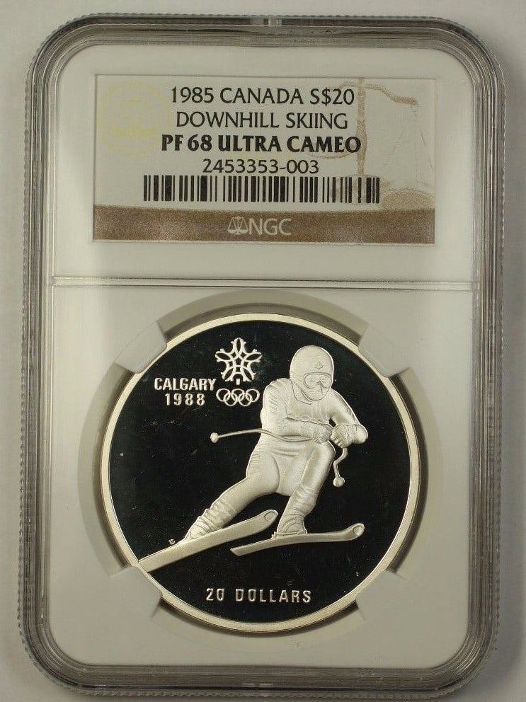 1985 Silver $20 Downhill Skiing Commemorative Coin NGC PR-68 Ultra Cameo: 1985 Silver $20 Downhill Skiing Commemorative Coin NGC PR-68 Ultra Cameo This 1985 Canadian silver $20 Olympic commemorative coin features a downhill skiing design. Graded PR 68 Ultra Cameo by NGC, th