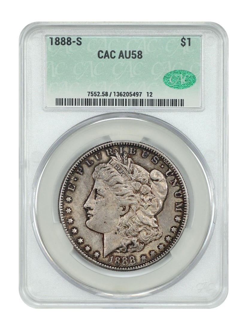 CACG AU58 Morgan Silver Dollar 1888 San Francisco Mint: CACG AU58 Morgan Silver Dollar 1888 San Francisco Mint This is an 1888-S Morgan Dollar graded AU58 by CACG. Minted in San Francisco, this circulated coin is part of the Morgan Dollar series and is cer