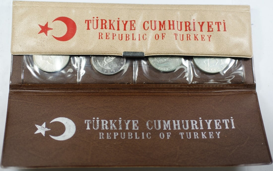 Republic of Turkey Silver Proof 4 Coin Set 25 50 Lira 1960-1972: Republic of Turkey Silver Proof 4 Coin Set 25 50 Lira 1960-1972 This is a Republic of Turkey silver proof set featuring four coins from 1960 to 1972, including 25 and 50 Lira denominations. The coins