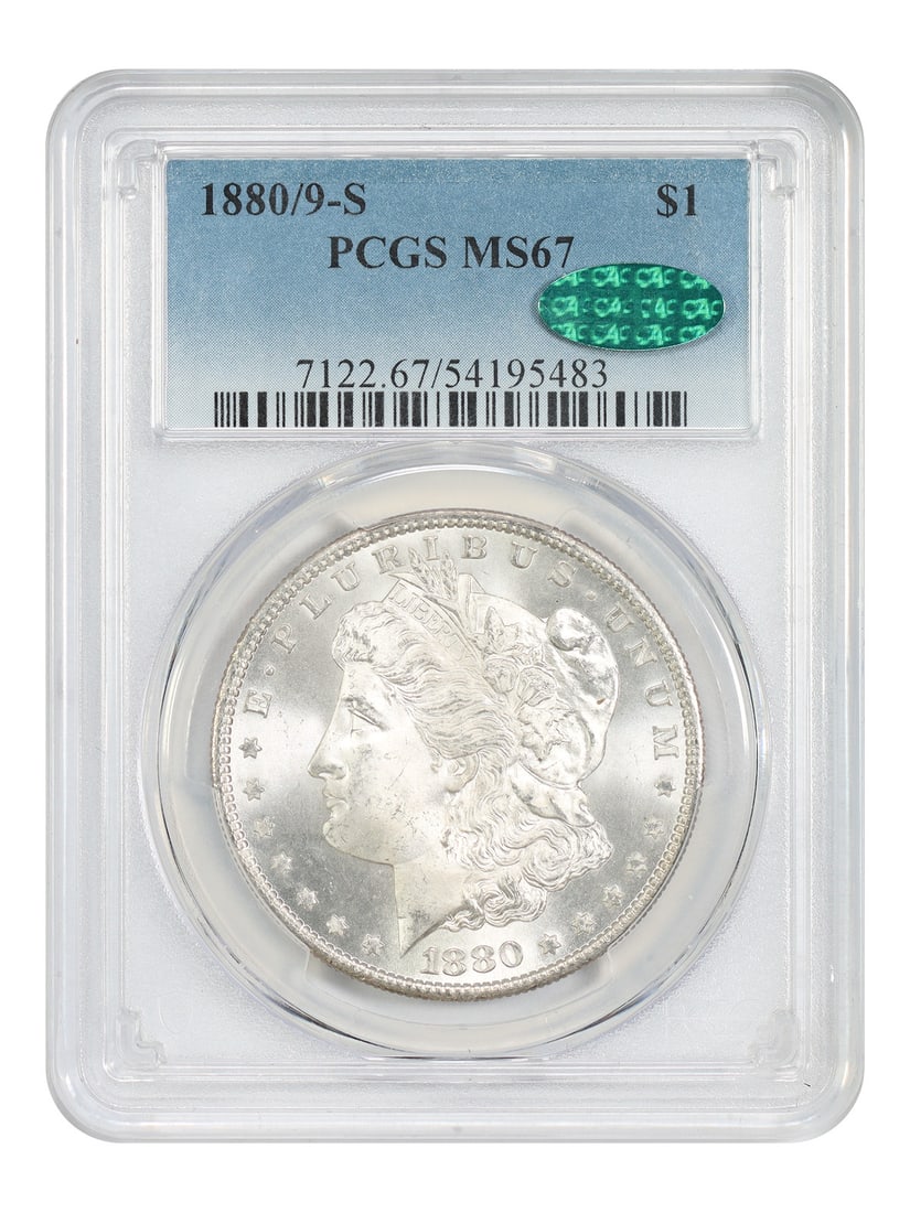PCGS CAC MS67 1880/9-S Morgan Silver Dollar Uncirculated: PCGS CAC MS67 1880/9-S Morgan Silver Dollar Uncirculated This 1880/9-S Morgan Dollar is a certified uncirculated coin graded MS67 by PCGS and approved by CAC. Minted in San Francisco, this silver doll