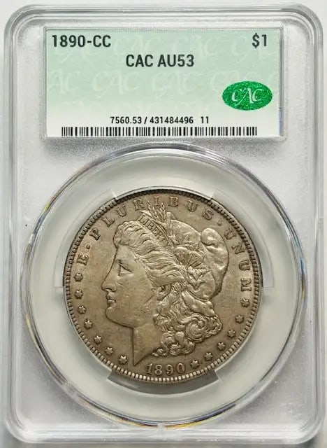1890 Carson City Morgan Dollar Silver AU 53 CACG CAC Certified: 1890 Carson City Morgan Dollar Silver AU 53 CACG CAC Certified This 1890 Carson City Morgan Silver Dollar is certified by CACG with a grade of AU 53 and verified by CAC. It features a silver compositi
