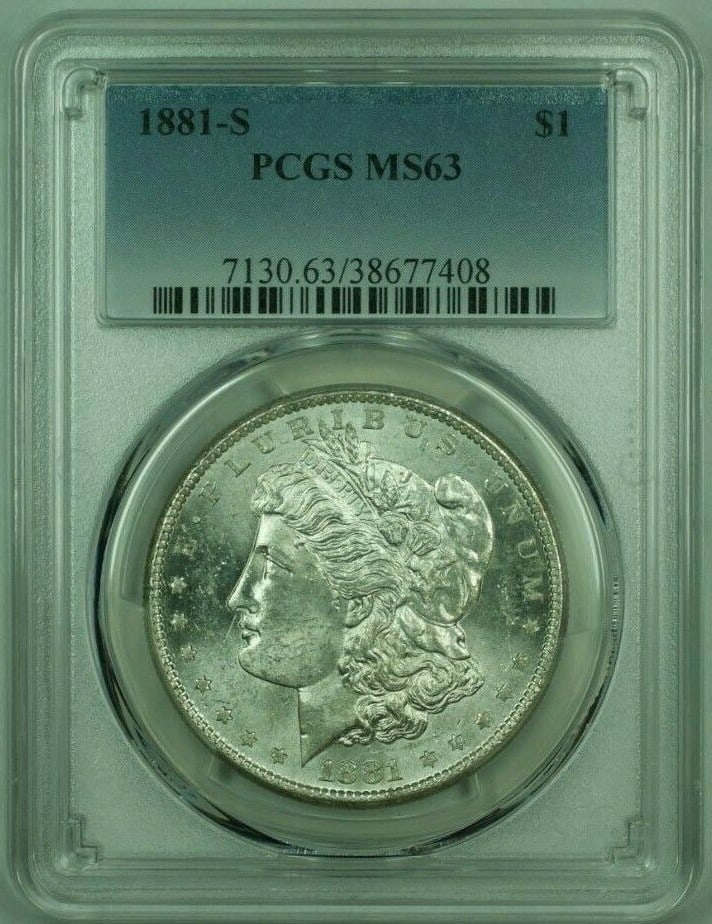 PCGS MS-63 1881-S Morgan Silver Dollar San Francisco $1 Coin (25): PCGS MS-63 1881-S Morgan Silver Dollar San Francisco $1 Coin (25) This is an 1881-S Morgan Silver Dollar graded MS-63 by PCGS. Minted in San Francisco, this uncirculated coin is composed of 90% silver