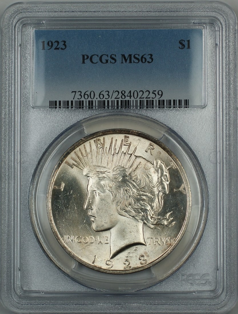 PCGS MS63 1923 Silver Peace Dollar Philadelphia Mint Uncirculated: PCGS MS63 1923 Silver Peace Dollar Philadelphia Mint Uncirculated This is a 1923 Silver Peace Dollar graded MS 63 by PCGS. The coin was minted in Philadelphia and remains in uncirculated condition. It