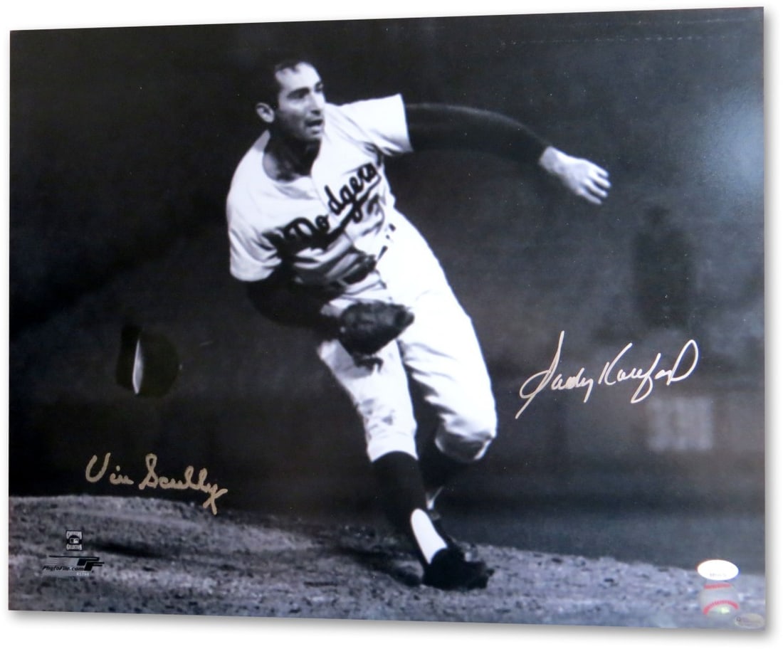 Vin Scully Sandy Koufax Dual Signed 16x20 Photo Dodgers JSA Authenticated: Vin Scully Sandy Koufax Dual Signed 16x20 Photo Dodgers JSA Authenticated This stunning dual-signed 16X20 photo features the legendary Vin Scully and Sandy Koufax, showcasing two icons of the Los Ange