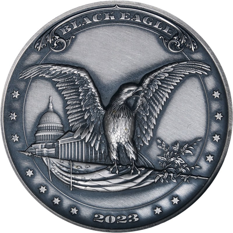 2 oz Silver Black Eagle 2023 Fiji UHR Antiqued MS70 NGC FDI with OGP and COA: 2 oz Silver Black Eagle 2023 Fiji UHR Antiqued MS70 NGC FDI with OGP and COA This 2023 Fiji 2 Ounce Silver $2 Black Eagle coin features ultra high relief with an antiqued finish, certified by NGC as M