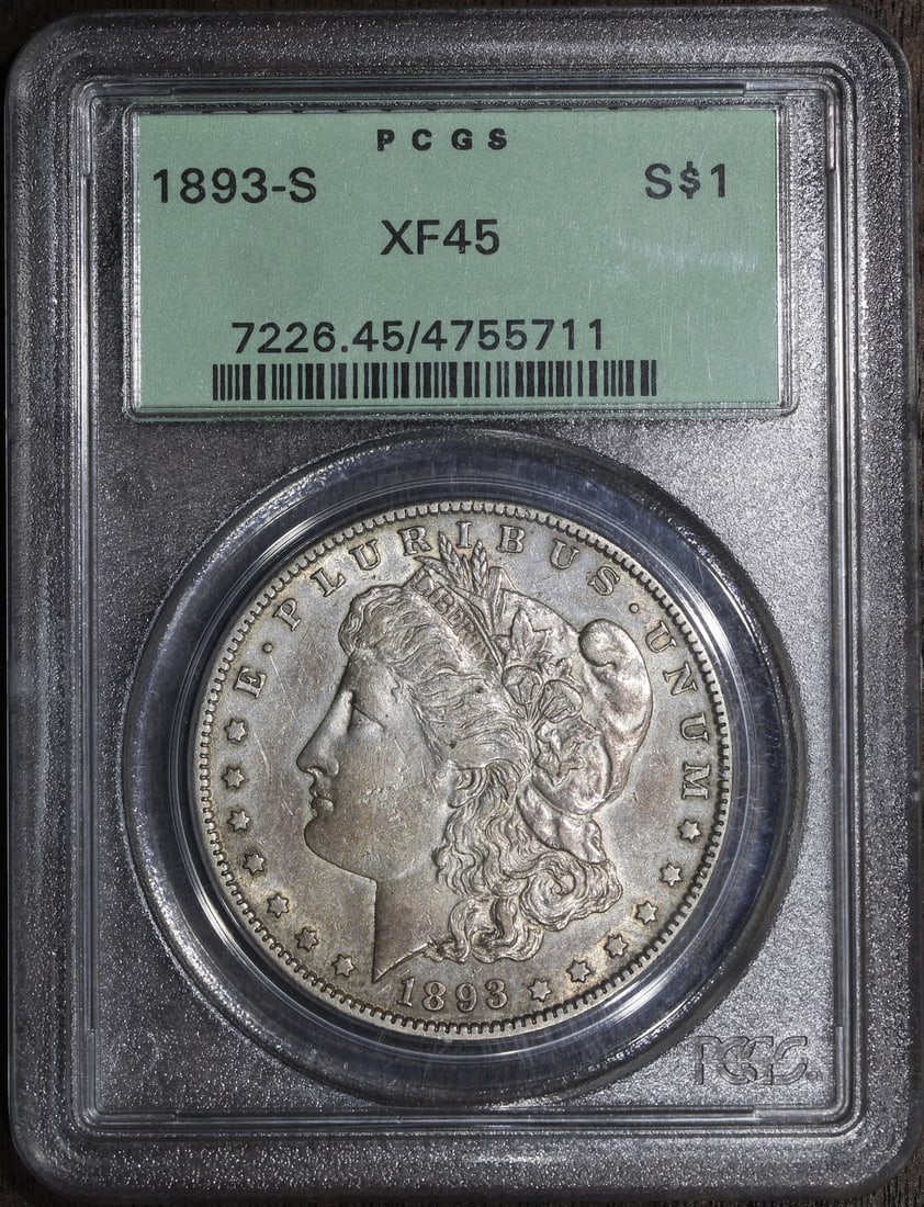 1893-S Morgan Silver Dollar XF45 PCGS OGH Key Date Coin: 1893-S Morgan Silver Dollar XF45 PCGS OGH Key Date Coin This 1893-S Morgan Silver Dollar is a key date coin, highly sought after by collectors. It features a silver composition with a fineness of 0.9