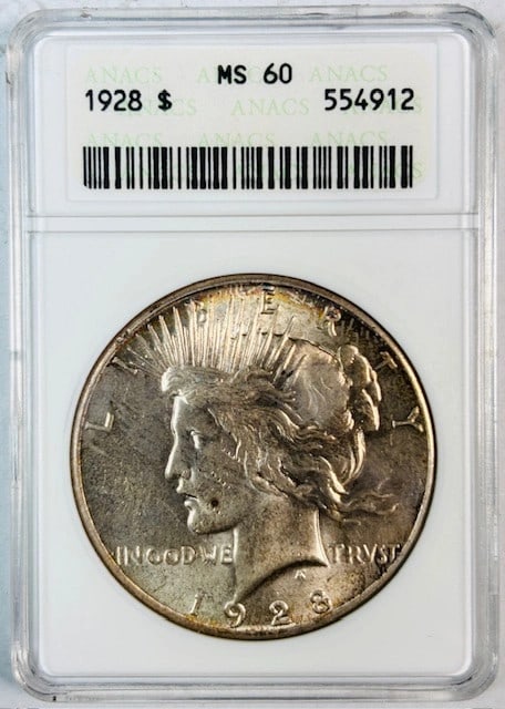 1928 Silver Dollar Uncirculated ANACS MS60 Certified: 1928 Silver Dollar Uncirculated ANACS MS60 Certified This is a 1928 Peace Dollar certified by ANACS with a grade of MS-60. The coin is composed of silver and is uncirculated. It originates from the US