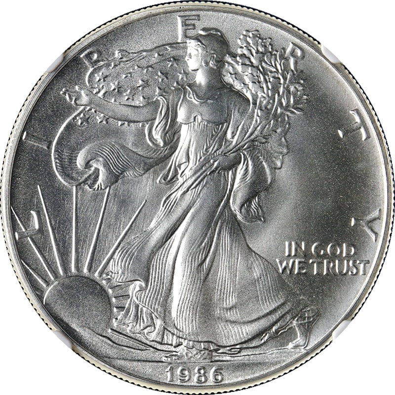 NGC MS69 1986 $1 Silver American Eagle Coin Uncirculated: NGC MS69 1986 $1 Silver American Eagle Coin Uncirculated This 1986 Silver American Eagle $1 coin is certified by NGC with a grade of MS69. Struck in 0.999 fine silver, it is in uncirculated condition