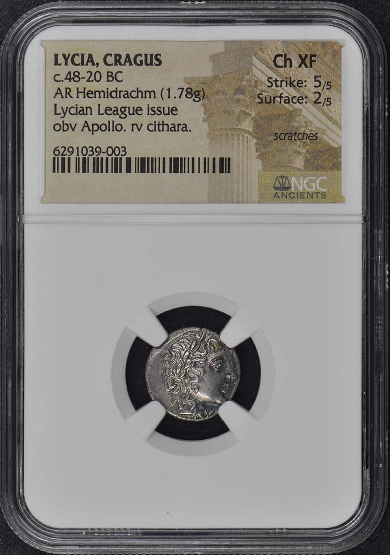 c.48-20 BC LYCIA Apollo Cithara AR Hemidrachm NGC XF45: c.48-20 BC LYCIA Apollo Cithara AR Hemidrachm NGC XF45 This ancient Greek hemidrachm from Lycia, struck circa 48-20 BC, features the revered god Apollo depicted with a cithara. It has been certified b