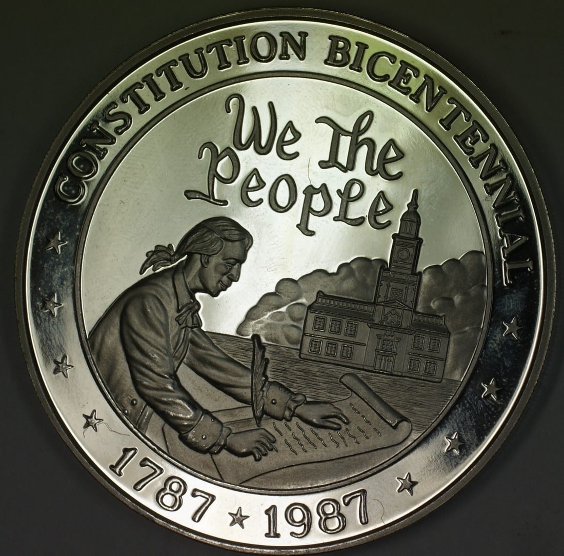 5 Troy Ounce Silver Proof Round US Constitution Bicentennial 1787-1987: 5 Troy Ounce Silver Proof Round US Constitution Bicentennial 1787-1987 This 1787-1987 US Constitution Bicentennial proof round commemorates the 200th anniversary of the US Constitution. Crafted from 9