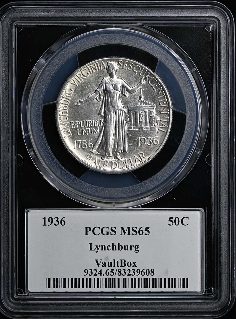 1936 Lynchburg Half Dollar Silver Commemorative Coin PCGS MS65: 1936 Lynchburg Half Dollar Silver Commemorative Coin PCGS MS65 This 1936 Lynchburg 50-cent commemorative coin is composed of 90% silver and 10% copper. Graded MS65 by PCGS, it remains in uncirculated