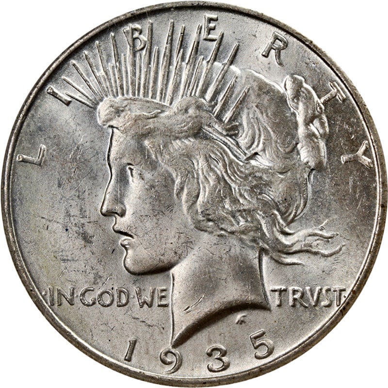 1935-S Peace Dollar Silver BU Uncirculated with Eye Appeal: 1935-S Peace Dollar Silver BU Uncirculated with Eye Appeal This stunning 1935-S Peace Dollar showcases excellent eye appeal with fantastic luster and a remarkable strike. The coin features bright and