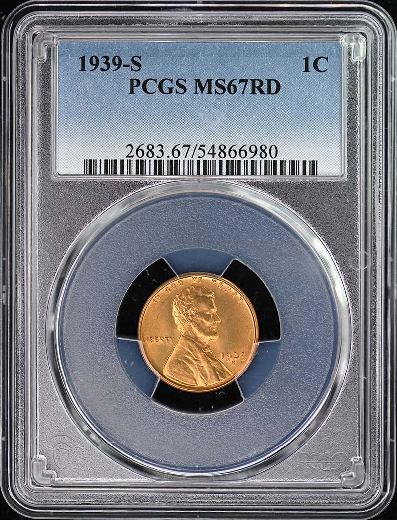 1939-S Lincoln Cent Type 1 Wheat Reverse PCGS MS67RD: 1939-S Lincoln Cent Type 1 Wheat Reverse PCGS MS67RD This 1939-S Lincoln Cent features the iconic Type 1 Wheat Reverse design and is certified by PCGS with a remarkable grade of MS67RD, indicating its