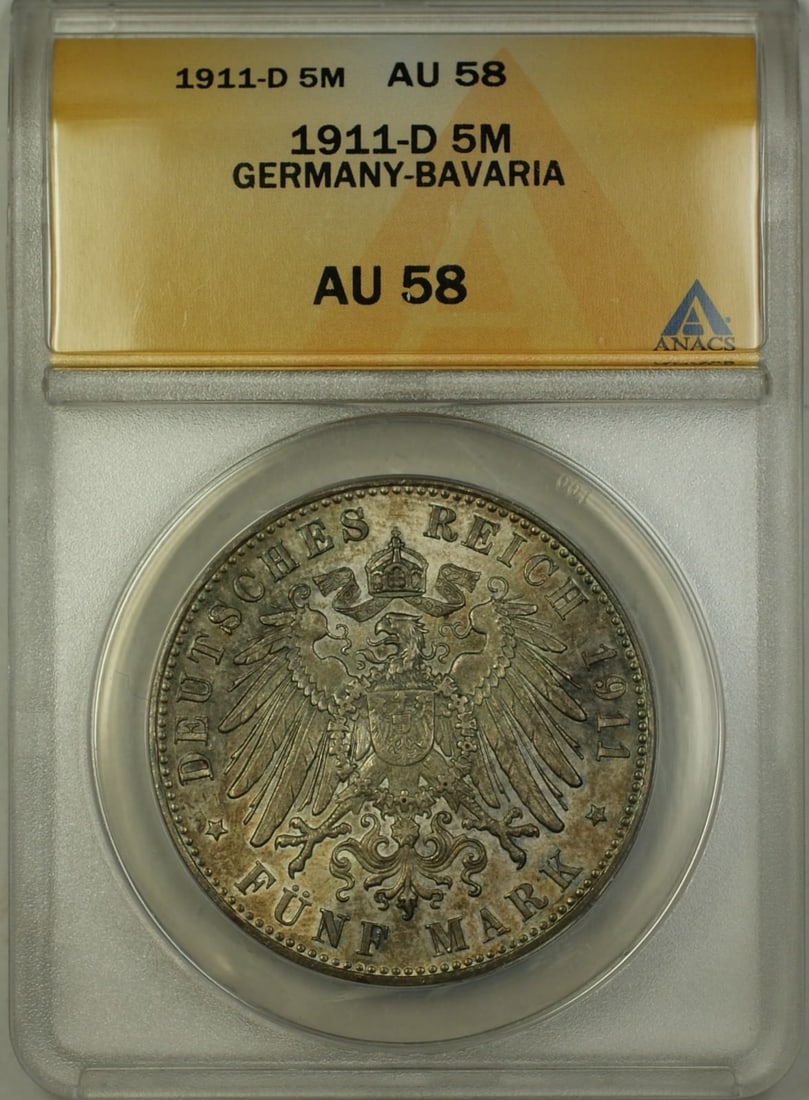 1911-D 5 Mark Silver Germany-Bavaria Coin ANACS Graded AU 58: 1911-D 5 Mark Silver Germany-Bavaria Coin ANACS Graded AU 58 This 1911-D Germany-Bavaria 5 Mark coin is composed of 0.9 fine silver and was issued during the German Empire period (1871-1918). Certifie