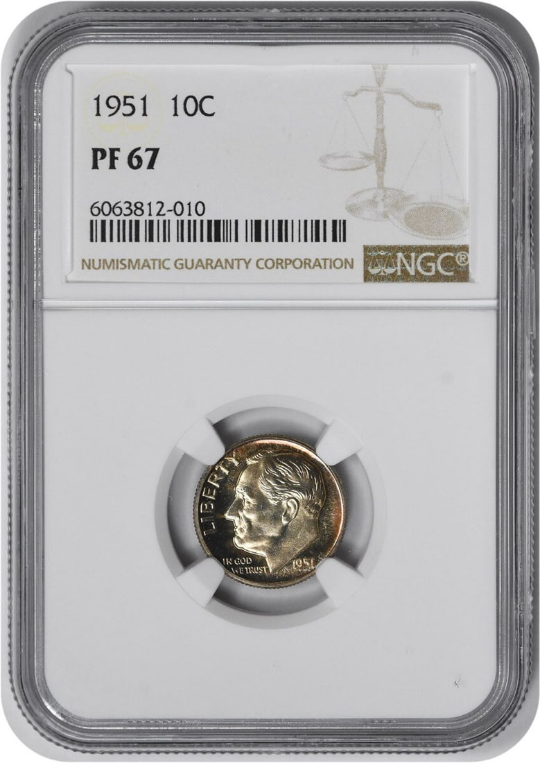 1951 Proof Roosevelt Dime PR67 NGC Certified 90 Silver Philadelphia: 1951 Proof Roosevelt Dime PR67 NGC Certified 90 Silver Philadelphia This 1951 Roosevelt Silver Dime is a proof coin certified by NGC with a grade of PR67. Composed of 90% silver and 10% copper, it was