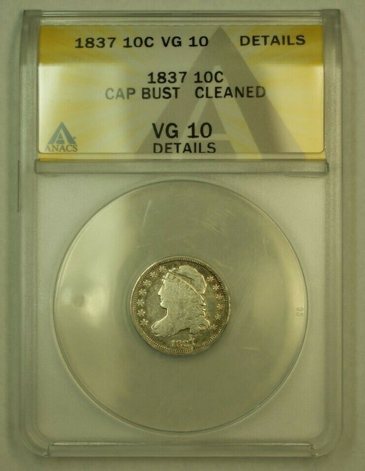 1837 Capped Bust Silver Dime ANACS Certified VG-10 Philadelphia Mint: 1837 Capped Bust Silver Dime ANACS Certified VG-10 Philadelphia Mint This 1837 Capped Bust Silver Dime features the classic design minted in Philadelphia. Certified by ANACS with a grade of VG-10 Deta