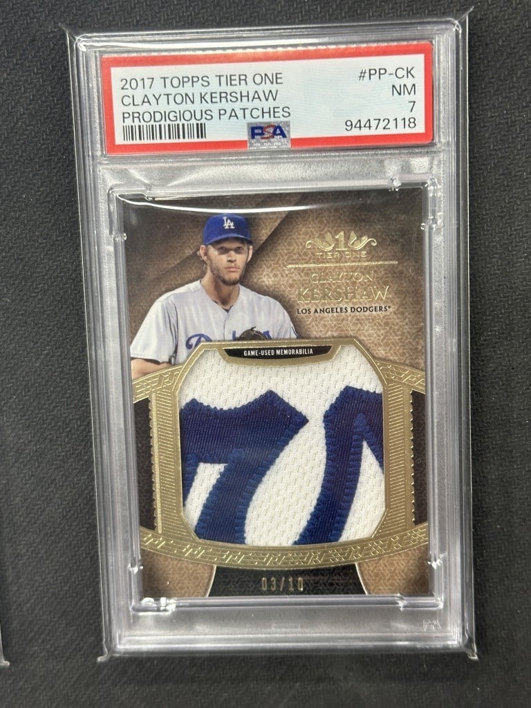 Clayton Kershaw 2017 Tier One Prodigious Patches PSA 7 Jumbo Relic #PP-CK: Clayton Kershaw 2017 Tier One Prodigious Patches PSA 7 Jumbo Relic #PP-CK This is a 2017 Tier One Prodigious Patches Baseball Card featuring Clayton Kershaw, renowned pitcher for the Los Angeles Dodge