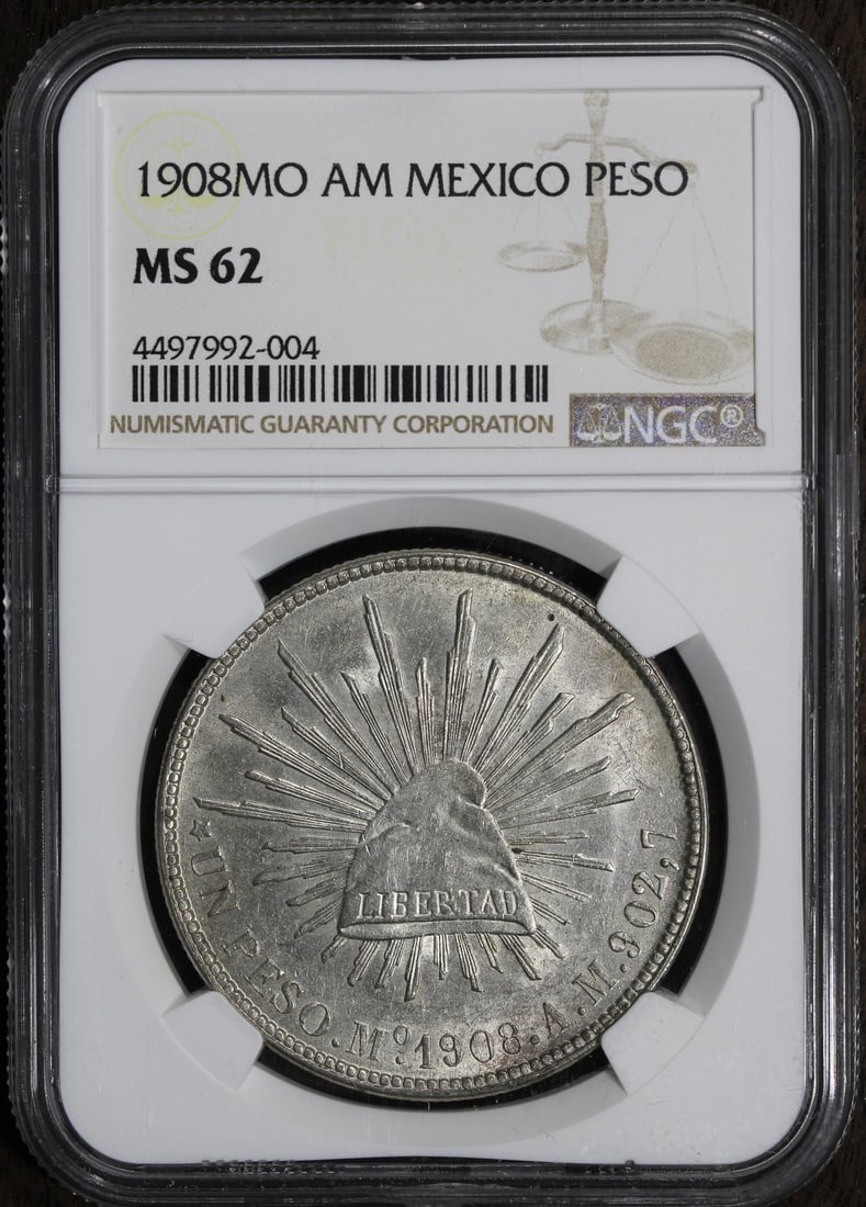 1908 Mexico Cap & Rays 1 Peso Coin MS62 NGC Uncirculated Silver: 1908 Mexico Cap & Rays 1 Peso Coin MS62 NGC Uncirculated Silver This stunning 1908 Mexico Cap & Rays 1 Peso coin features a strong strike and is certified by NGC with a grade of MS62, indicating its e