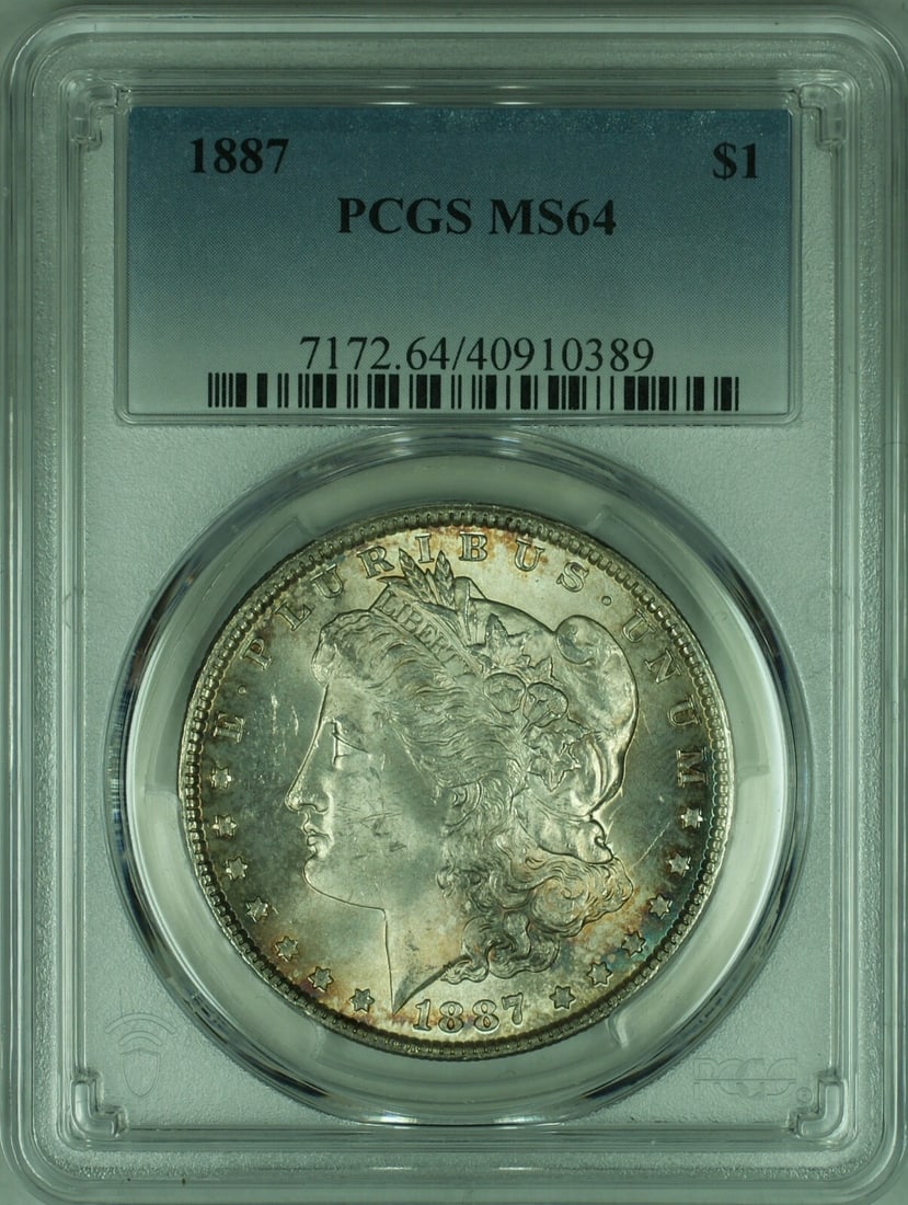 PCGS MS64 1887 Morgan Dollar Silver Coin Philadelphia Toned: PCGS MS64 1887 Morgan Dollar Silver Coin Philadelphia Toned This 1887 Morgan Silver Dollar is graded MS-64 by PCGS and features attractive toning. Struck at the Philadelphia Mint, this uncirculated co