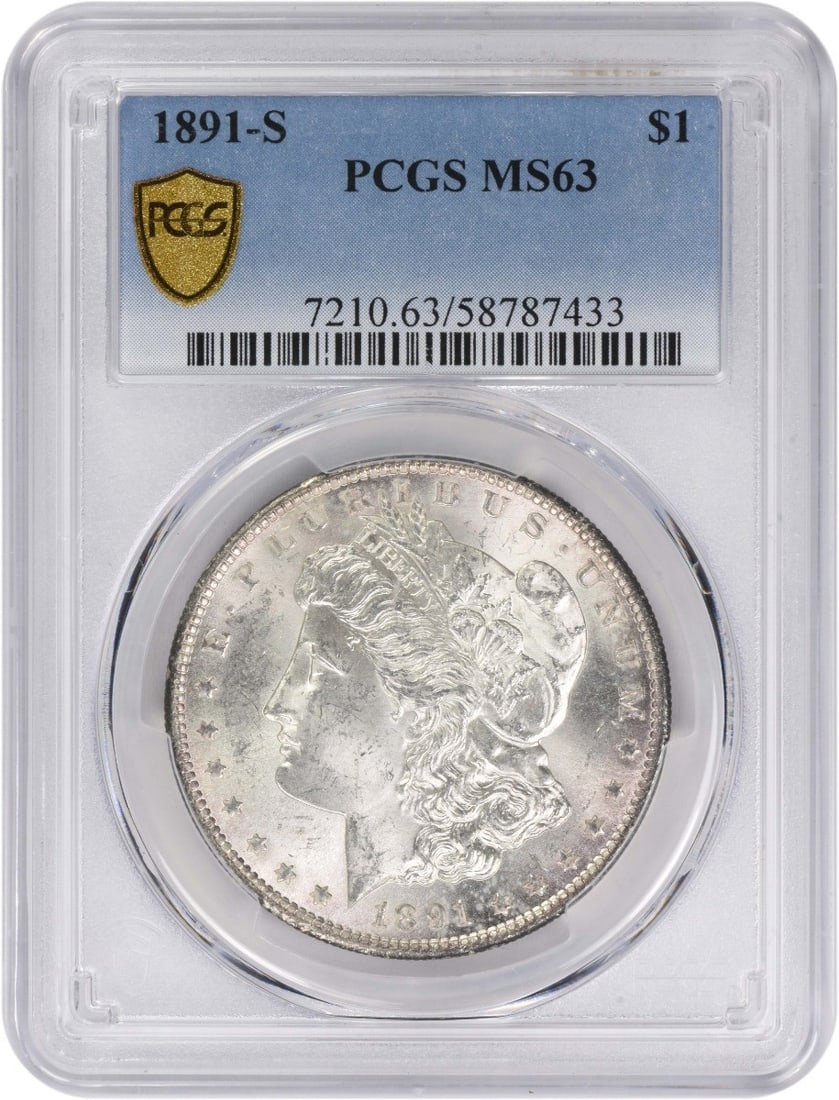 MS63 1891 San Francisco Morgan Dollar Certified by PCGS: MS63 1891 San Francisco Morgan Dollar Certified by PCGS This 1891-S Morgan Silver Dollar is certified by PCGS with a grade of MS63, indicating an uncirculated condition. Struck at the San Francisco Mi
