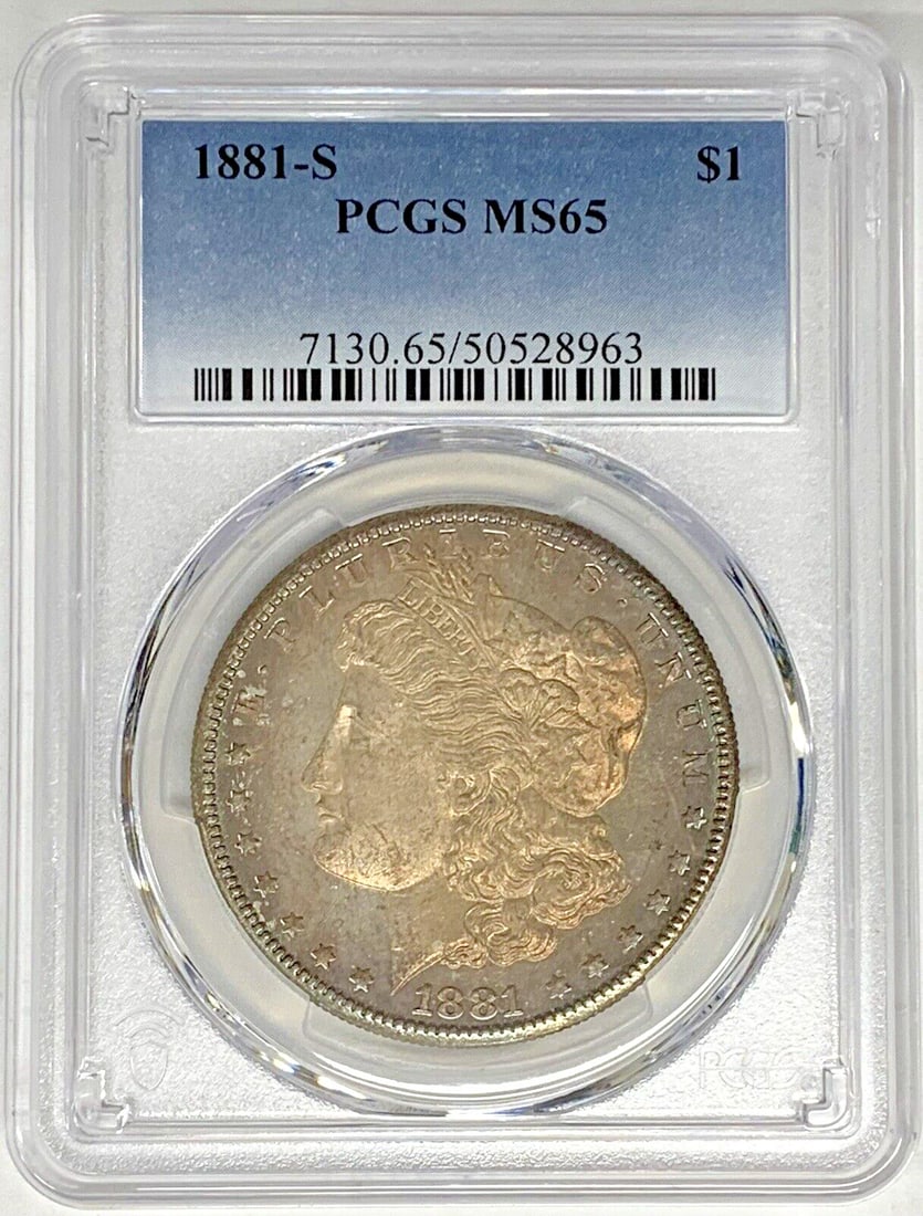 PCGS MS 65 1881-S Morgan Dollar with Attractive Toning: PCGS MS 65 1881-S Morgan Dollar with Attractive Toning This 1881-S Morgan Silver Dollar features attractive toning and is graded MS 65 by PCGS. Struck in silver, this uncirculated coin originates from
