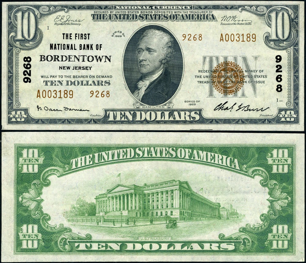 Bordentown NJ 1929 T-2 $10 National Bank Note Charter 9268 Choice AU: Bordentown NJ 1929 T-2 $10 National Bank Note Charter 9268 Choice AU This is a 1929 T-2 National Bank Note from Bordentown, NJ, featuring a denomination of $10. Graded as Choice AU, this note has very