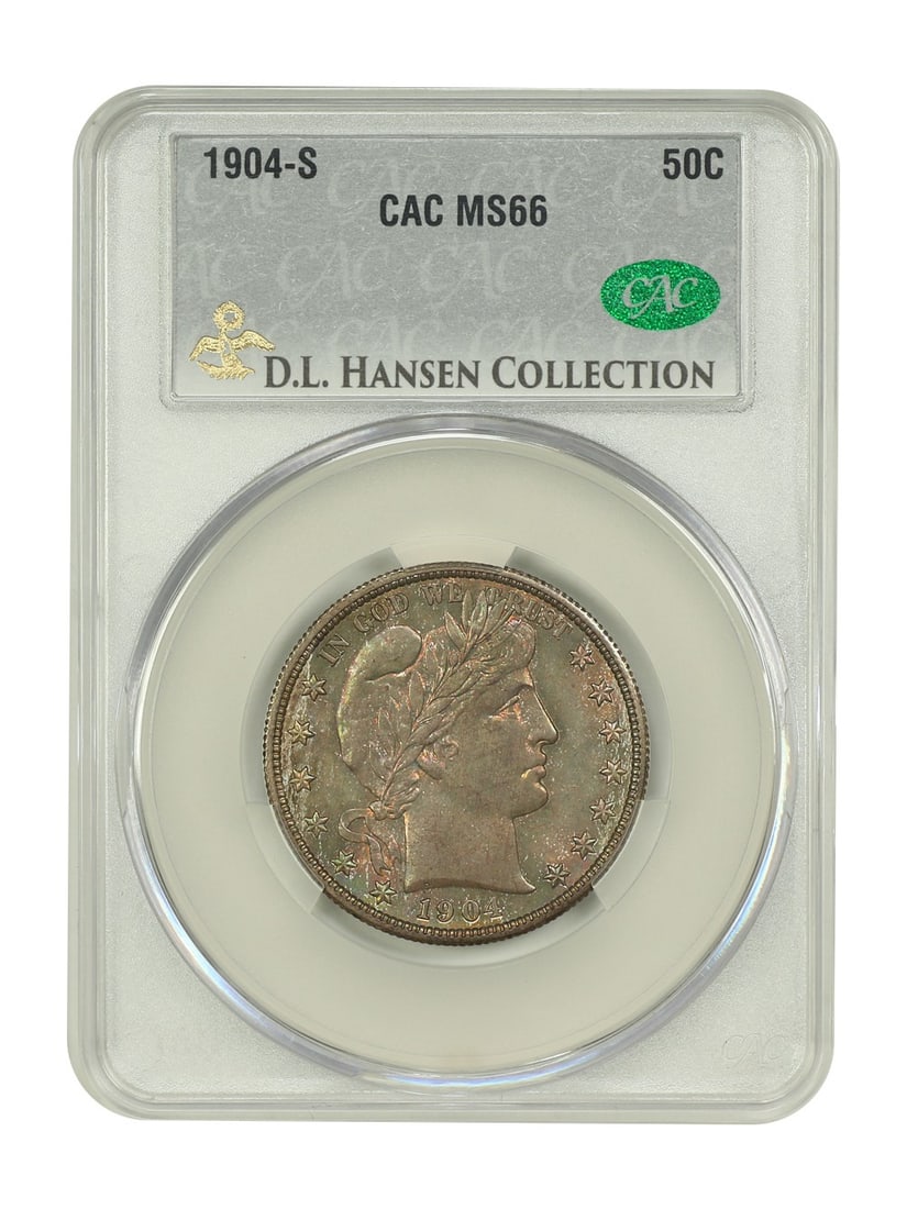 1904-S Barber Half Dollar CACG MS66 Rare Deep Toning: 1904-S Barber Half Dollar CACG MS66 Rare Deep Toning This 1904-S Barber Half Dollar is a stunning example of numismatic artistry, graded MS66 by CACG with certification number 034020725. This uncircul