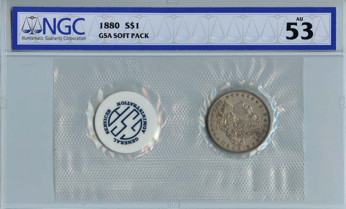 1880 Morgan Dollar GSA SOFT PACK NGC AU53 Certified Coin: 1880 Morgan Dollar GSA SOFT PACK NGC AU53 Certified Coin This 1880 Morgan Dollar is a remarkable piece of American numismatic history, certified by NGC with a grade of AU53. Struck at the Philadelphia
