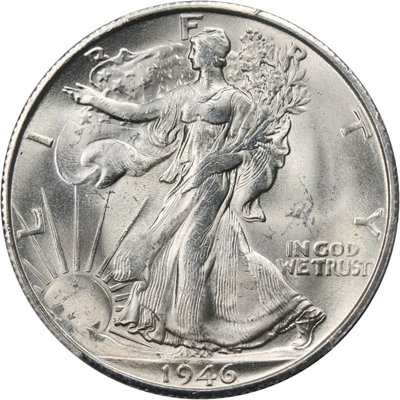 1946-S Walking Liberty Half PCGS MS65 Silver Stunning Appeal: 1946-S Walking Liberty Half PCGS MS65 Silver Stunning Appeal This 1946-S Walking Liberty Half dollar, certified by PCGS as MS65, showcases exceptional eye appeal with its blast white luster and impres