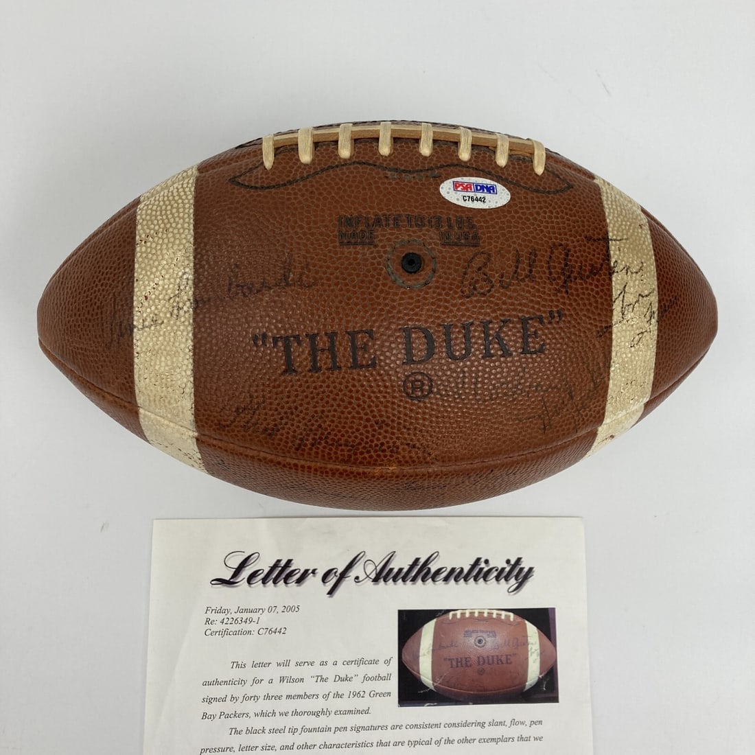 1962 Green Bay Packers Team Signed Football with Vince Lombardi PSA DNA: 1962 Green Bay Packers Team Signed Football with Vince Lombardi PSA DNA Celebrate NFL history with this remarkable original 1962 Green Bay Packers team-signed football. This official Wilson "The Duke"