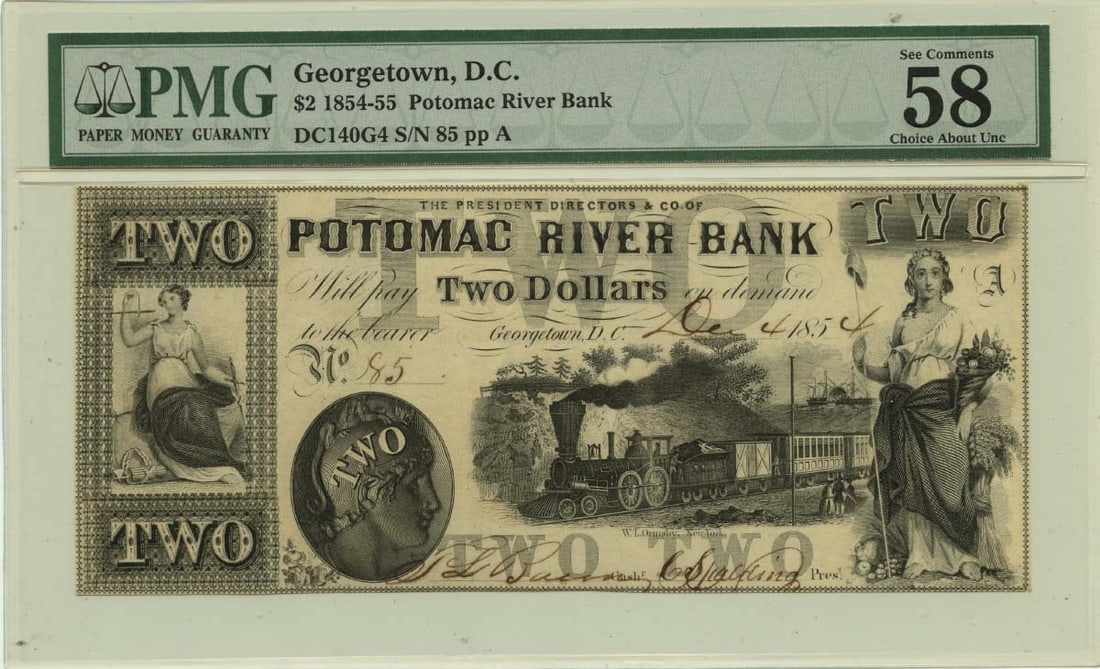 1854 $2 Georgetown Potomac River Bank Obsolete Note PMG AU58 EPQ: 1854 $2 Georgetown Potomac River Bank Obsolete Note PMG AU58 EPQ This is an 1854 $2 obsolete note from the Potomac River Bank in Georgetown, DC. Certified by PMG with a grade of AU58, this note showca