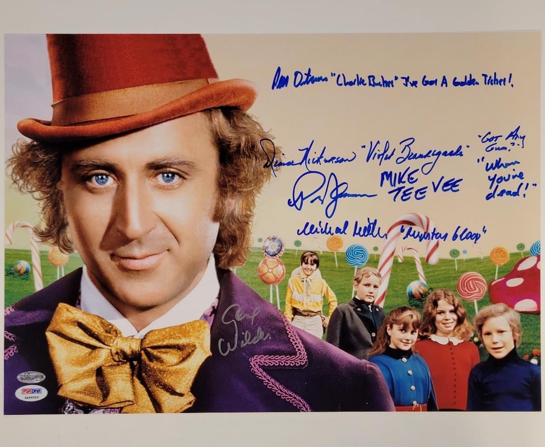 Gene Wilder Willy Wonka Kids Cast 5 Signed 12x17 Photo PSA: Gene Wilder Willy Wonka Kids Cast 5 Signed 12x17 Photo PSA This is a signed 12x17 photo featuring Gene Wilder and five kids from the classic film 'Willy Wonka & the Chocolate Factory.' The autograph h