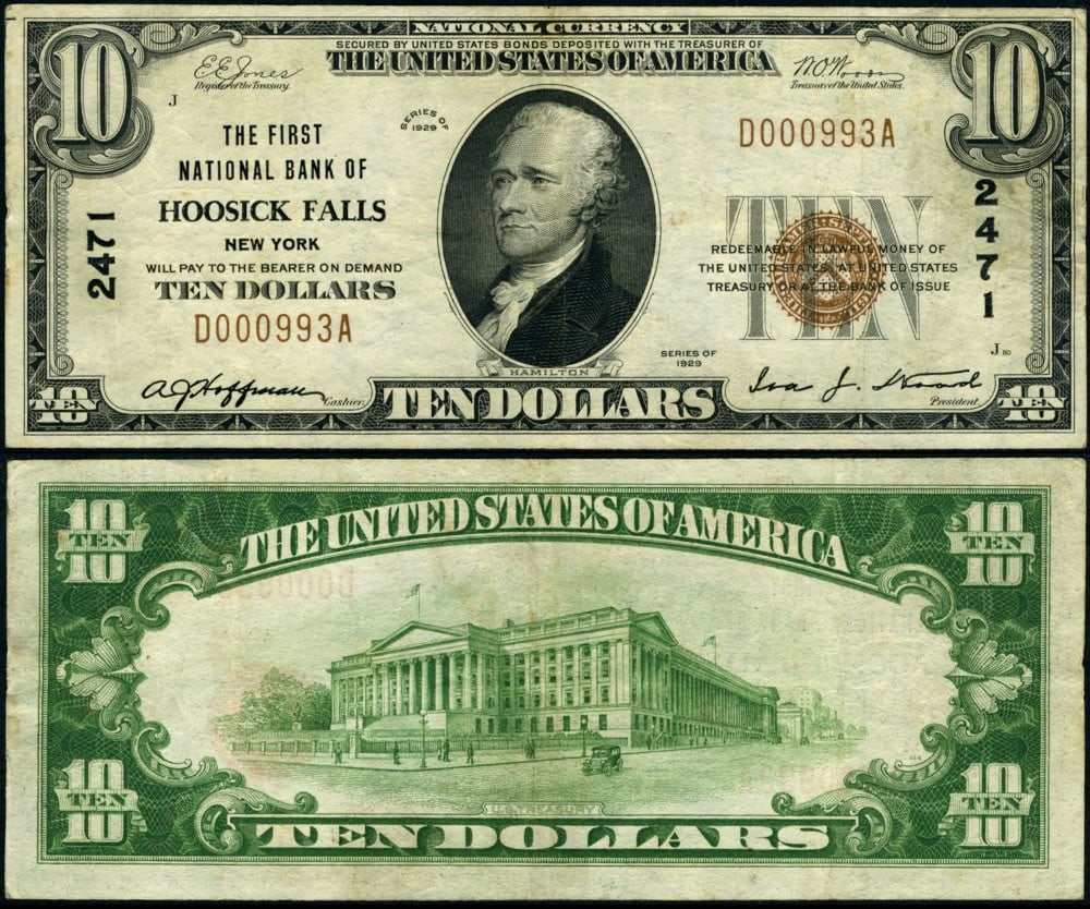 1929 T-1 $10 National Bank Note Hoosick Falls NY Ch #2471: 1929 T-1 $10 National Bank Note Hoosick Falls NY Ch #2471 This $10 National Bank Note from Hoosick Falls, New York, is a notable piece dated 1929 T-1, with a charter number of 2471. Graded as Very Fin