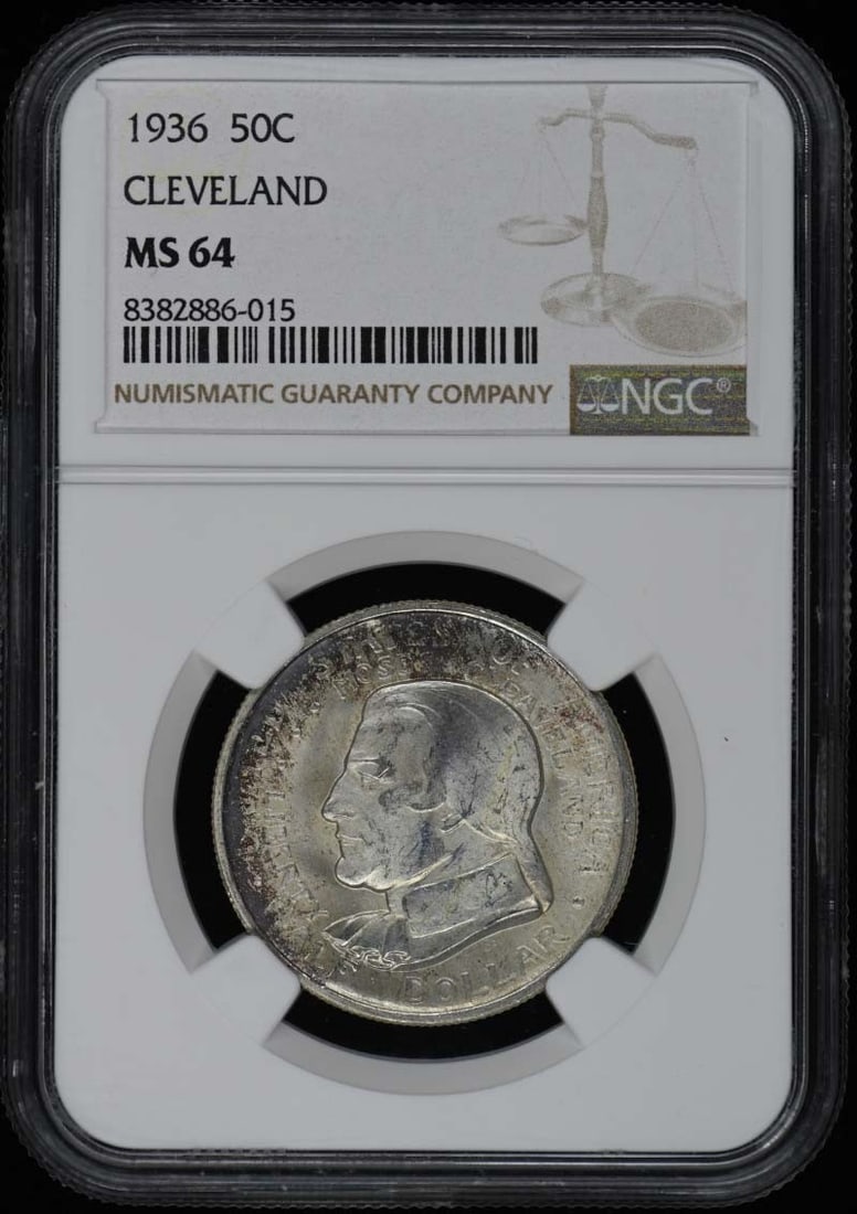 1936 Cleveland Silver Half Dollar NGC MS64 Commemorative Coin: 1936 Cleveland Silver Half Dollar NGC MS64 Commemorative Coin This is a 1936 Cleveland Silver Commemorative 50-cent coin, certified by NGC with a grade of MS64. Minted in Philadelphia, this uncirculat