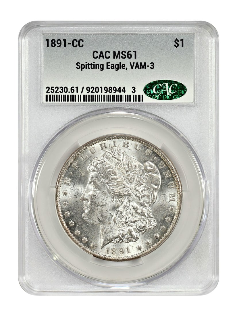 Spitting Eagle 1891-CC VAM-3 Morgan Dollar CACG MS61 Top 100 Variety: Spitting Eagle 1891-CC VAM-3 Morgan Dollar CACG MS61 Top 100 Variety This 1891-CC Morgan Dollar features the VAM-3 Spitting Eagle variety, recognized as one of the Top 100 VAMs. Graded MS61 by CACG, t