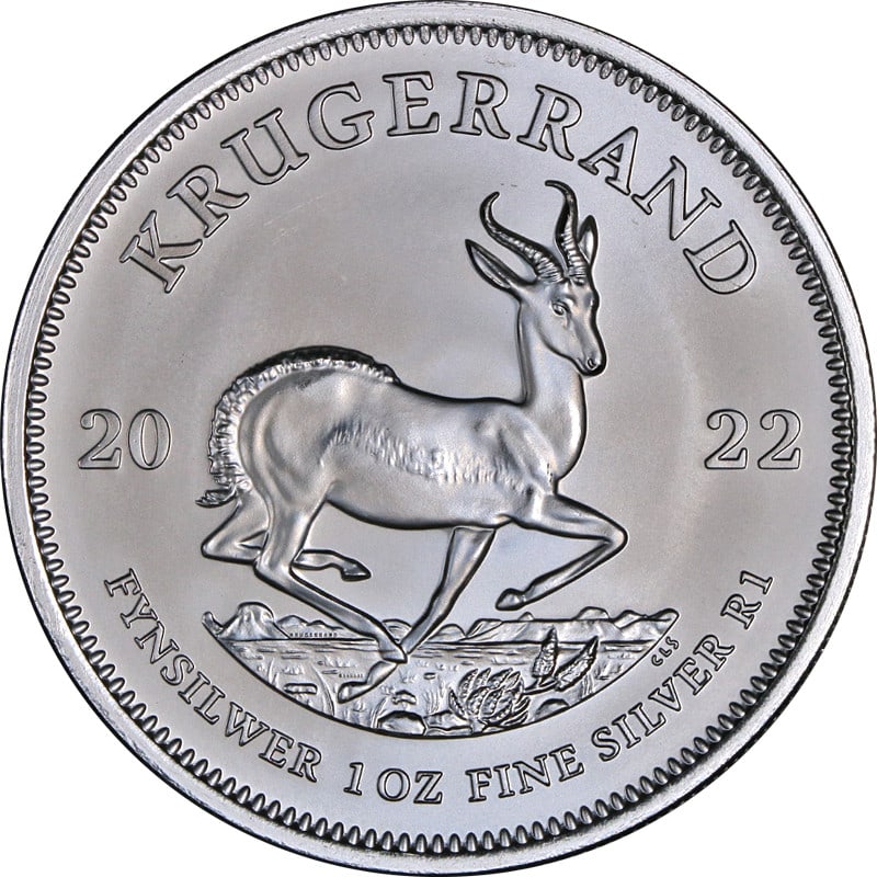 2022 Silver Krugerrand 1 oz Uncirculated Coin from South Africa: 2022 Silver Krugerrand 1 oz Uncirculated Coin from South Africa This 2022 South Africa 1 Ounce Silver Krugerrand is an uncirculated bullion coin with brilliant uncirculated (BU) grade. Composed of .99