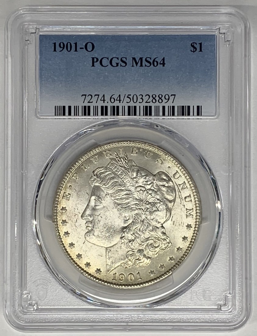PCGS MS 64 Certified 1901-O Morgan Dollar Silver Coin: PCGS MS 64 Certified 1901-O Morgan Dollar Silver Coin This 1901-O Morgan Silver Dollar is certified by PCGS with a grade of MS 64. Struck in silver, it is an uncirculated coin originating from the Uni