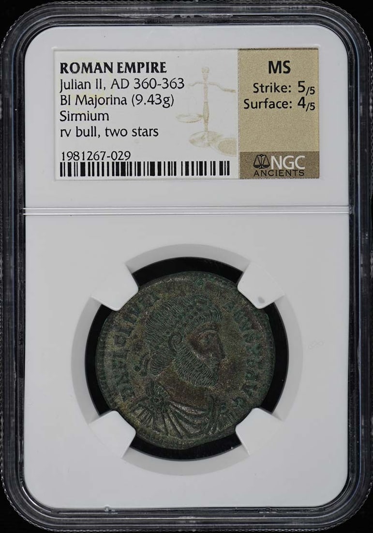Julian II AE1 Roman Empire Coin NGC MS 5/4 Certification 1981267029: Julian II AE1 Roman Empire Coin NGC MS 5/4 Certification 1981267029 This Roman Empire coin features Julian II, minted during his reign from AD 360 to 363. It is a BI Maiorina made from AE1 bronze, wei
